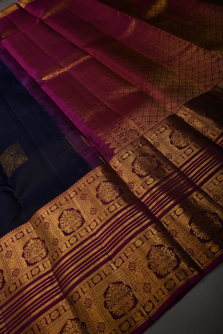 Blue-Black Pure Kanjivaram Silk Saree with Zari Buttas and Contrast Zari Border | SILK MARK CERTIFIED | SHOBITAM