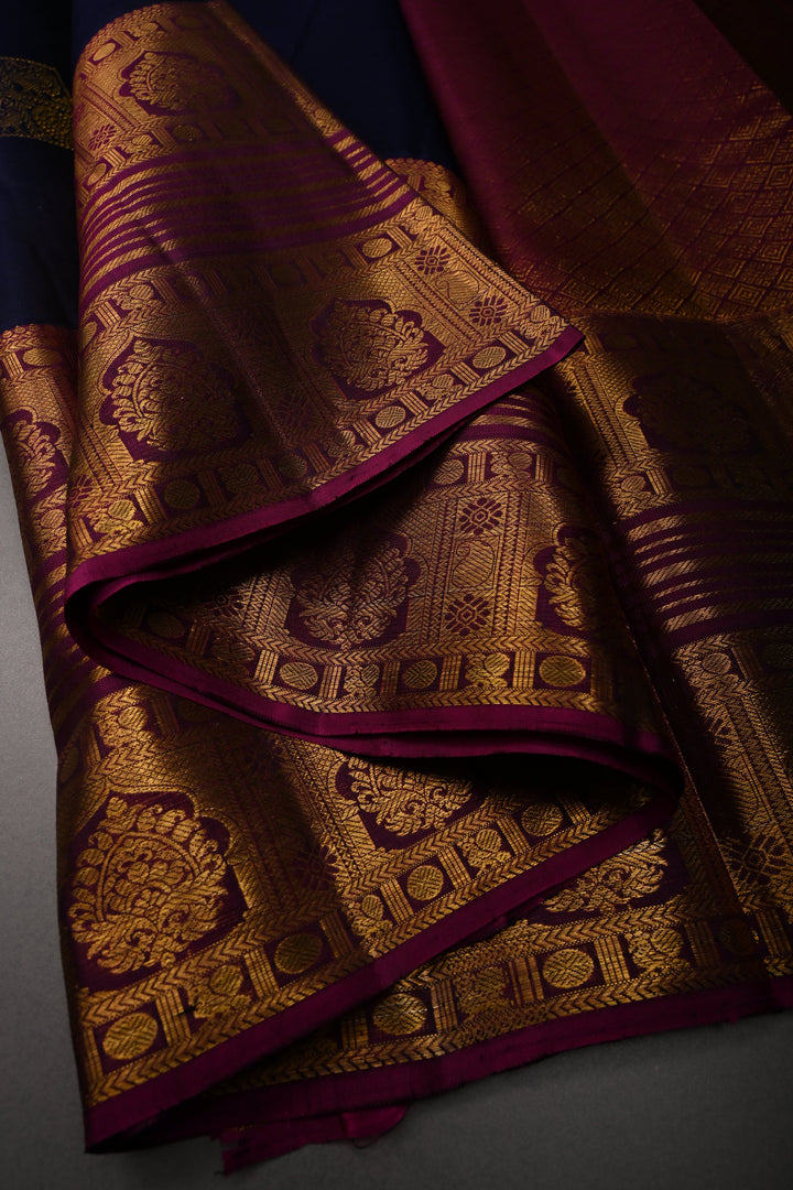 Blue-Black Pure Kanjivaram Silk Saree with Zari Buttas and Contrast Zari Border | SILK MARK CERTIFIED | SHOBITAM