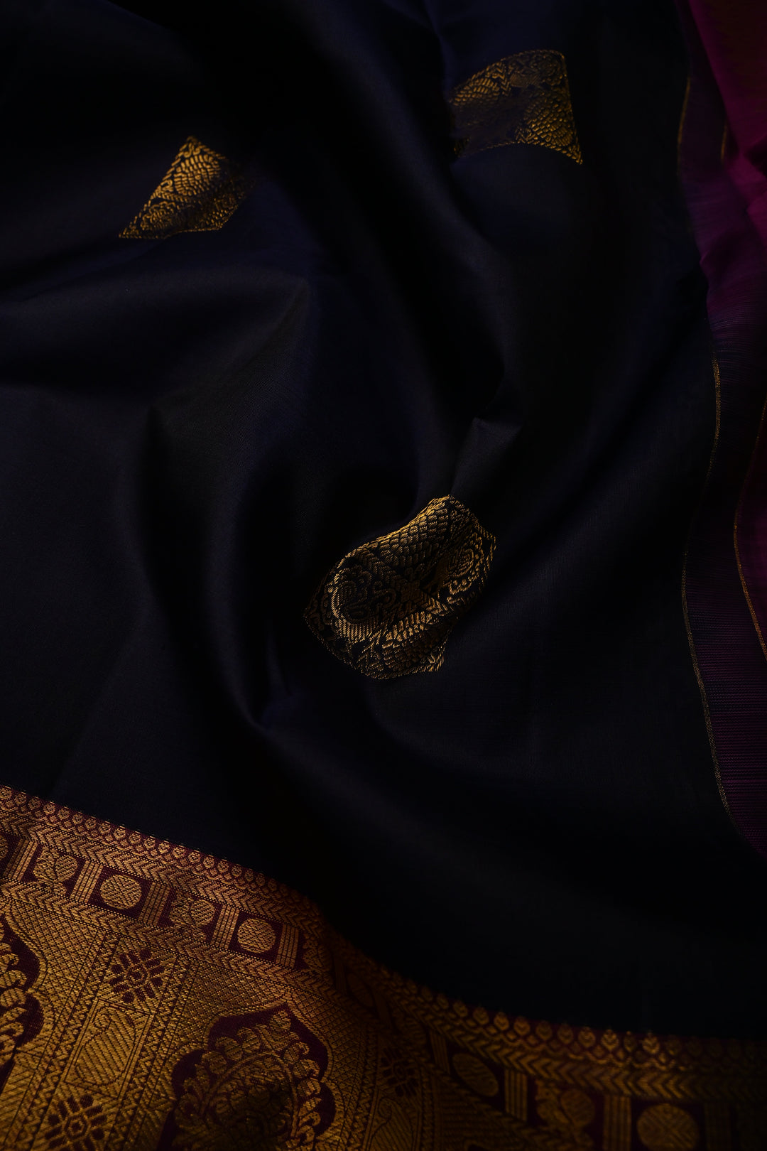 Blue-Black Pure Kanjivaram Silk Saree with Zari Buttas and Contrast Zari Border | SILK MARK CERTIFIED | SHOBITAM