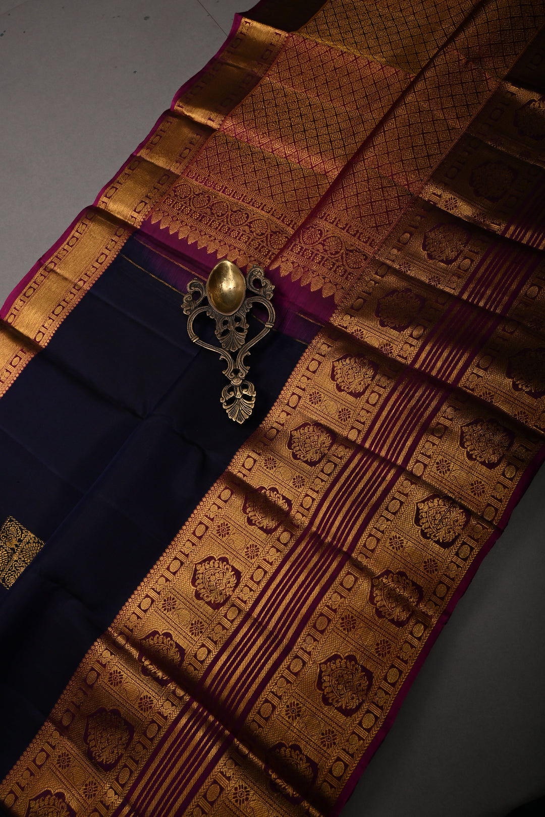 Blue-Black Pure Kanjivaram Silk Saree with Zari Buttas and Contrast Zari Border | SILK MARK CERTIFIED | SHOBITAM
