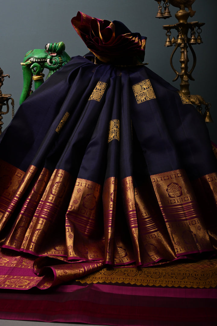 Blue-Black Pure Kanjivaram Silk Saree with Zari Buttas and Contrast Zari Border | SILK MARK CERTIFIED | SHOBITAM