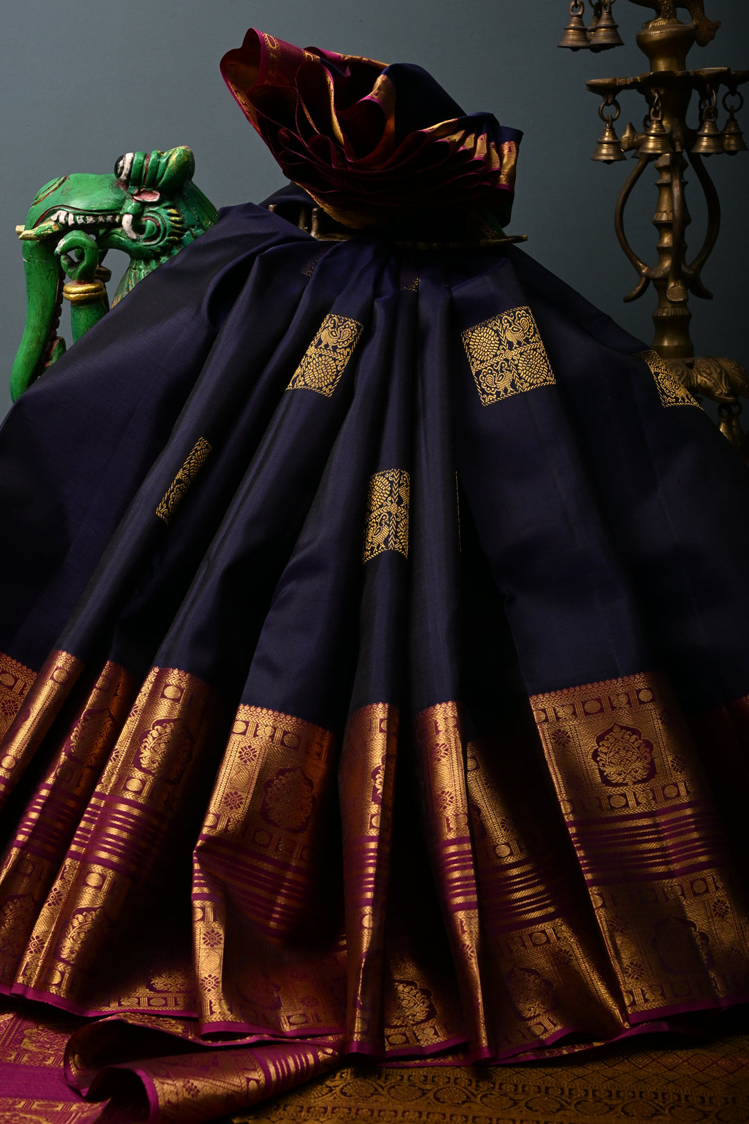 Blue-Black Pure Kanjivaram Silk Saree with Zari Buttas and Contrast Zari Border | SILK MARK CERTIFIED | SHOBITAM