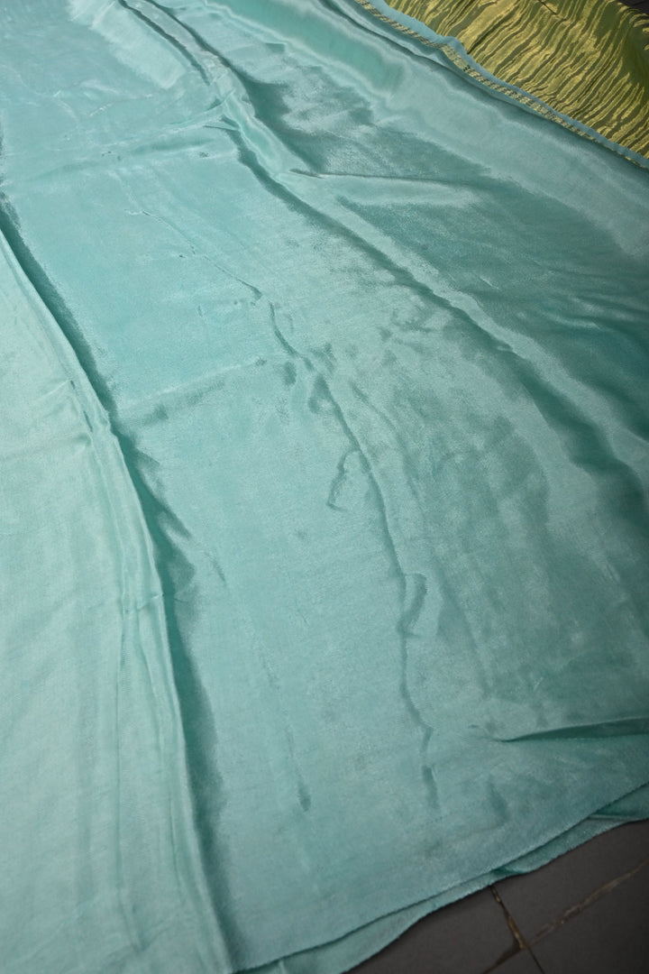 Mint Borderless Modal Silk Saree with Lagda Patta Crushed Pallu | SHOBITAM
