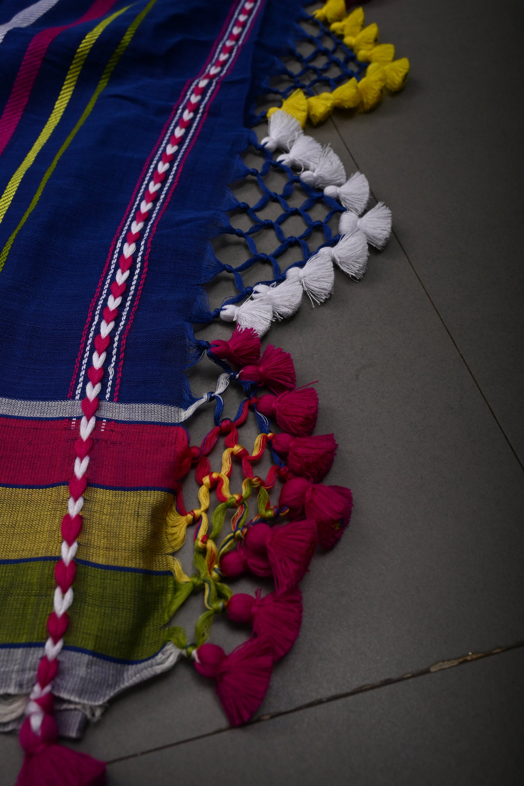 Sapphire Blue Bhujodi Kala Cotton Saree with Colorful Thread Work and Contrast Border | SHOBITAM