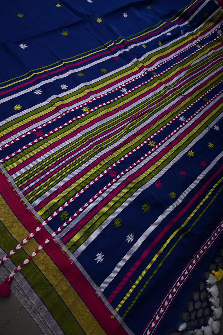 Sapphire Blue Bhujodi Kala Cotton Saree with Colorful Thread Work and Contrast Border | SHOBITAM