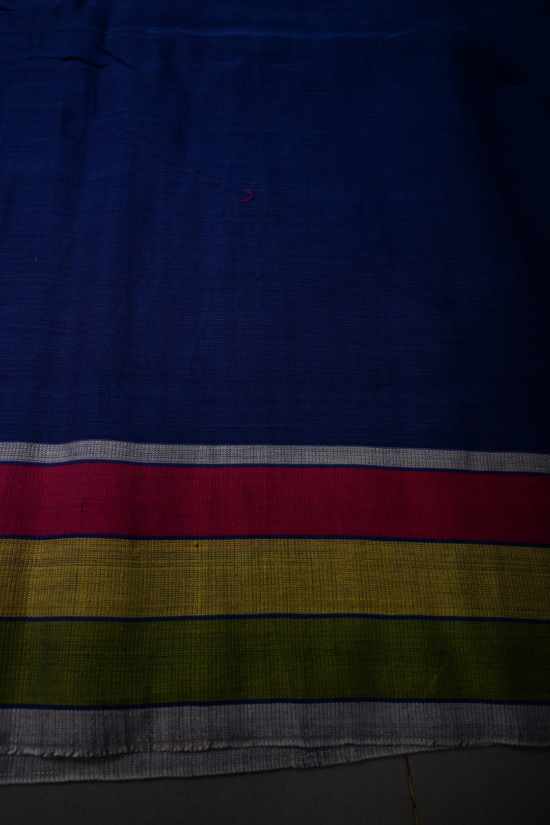 Sapphire Blue Bhujodi Kala Cotton Saree with Colorful Thread Work and Contrast Border | SHOBITAM