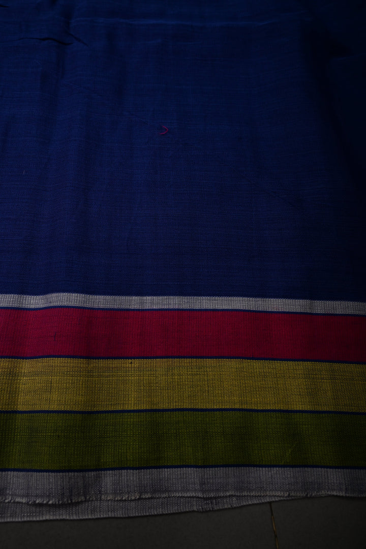 Sapphire Blue Bhujodi Kala Cotton Saree with Colorful Thread Work and Contrast Border | SHOBITAM