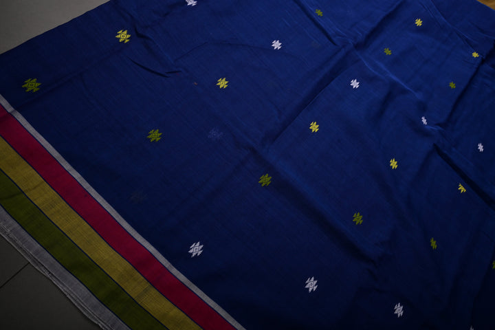 Sapphire Blue Bhujodi Kala Cotton Saree with Colorful Thread Work and Contrast Border | SHOBITAM