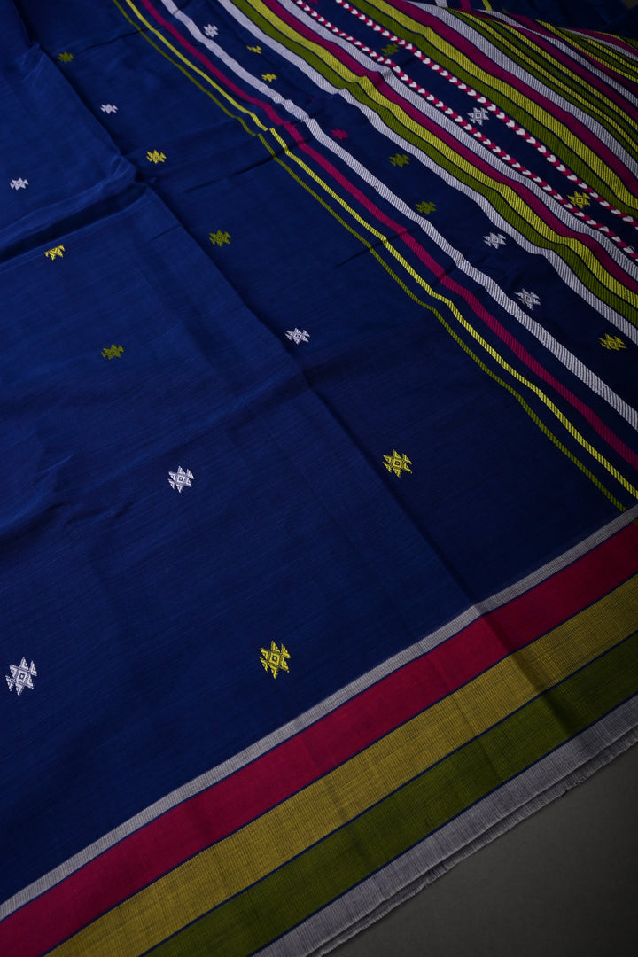 Sapphire Blue Bhujodi Kala Cotton Saree with Colorful Thread Work and Contrast Border | SHOBITAM