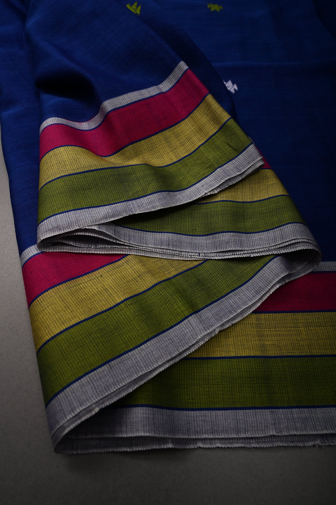 Sapphire Blue Bhujodi Kala Cotton Saree with Colorful Thread Work and Contrast Border | SHOBITAM