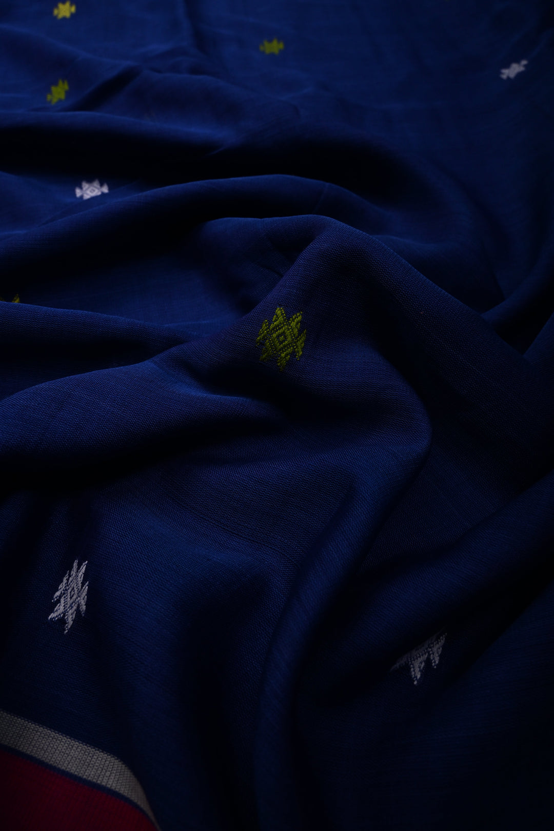 Sapphire Blue Bhujodi Kala Cotton Saree with Colorful Thread Work and Contrast Border | SHOBITAM