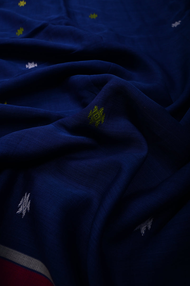 Sapphire Blue Bhujodi Kala Cotton Saree with Colorful Thread Work and Contrast Border | SHOBITAM