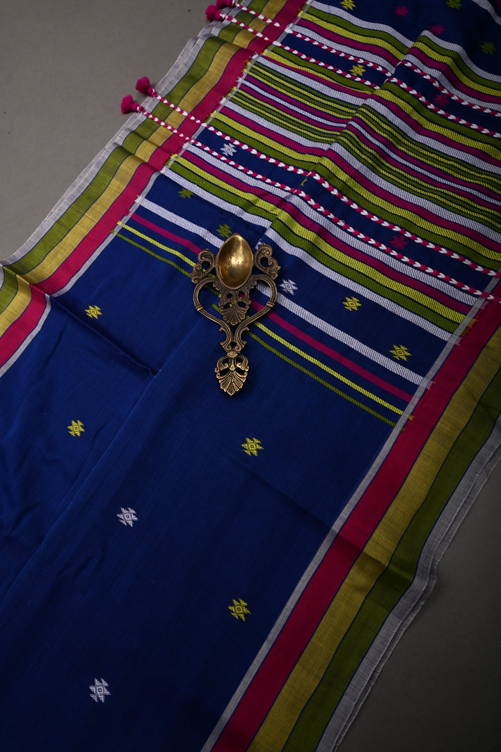 Sapphire Blue Bhujodi Kala Cotton Saree with Colorful Thread Work and Contrast Border | SHOBITAM
