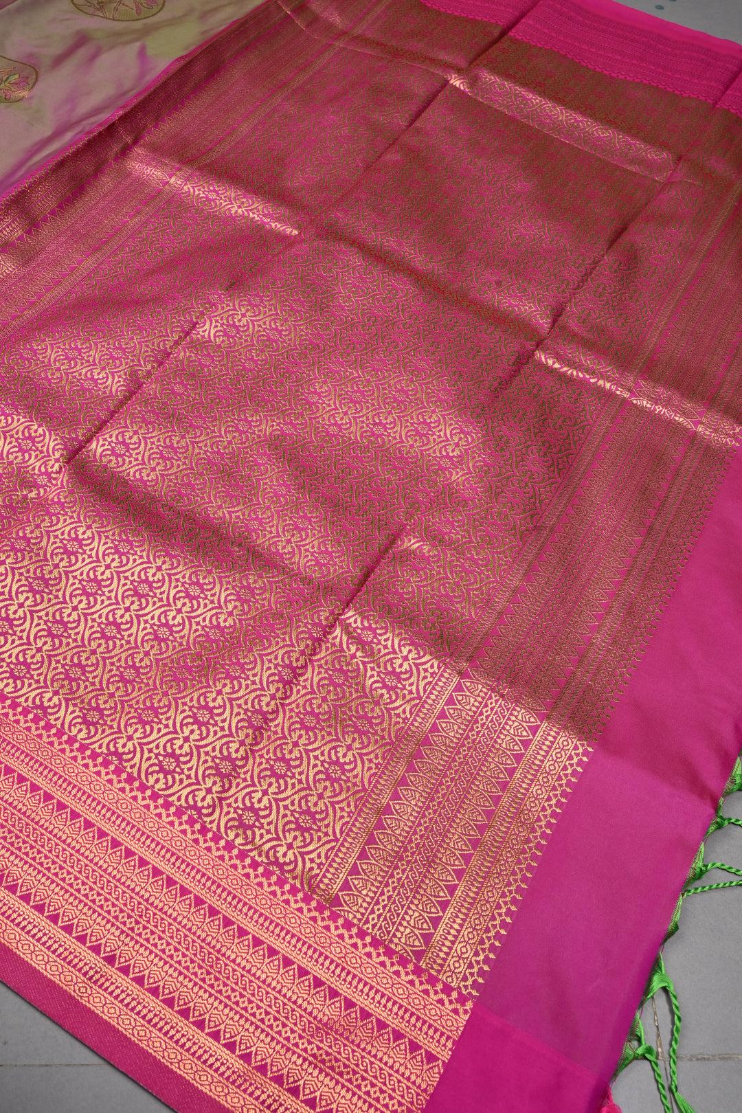 Green-Pink Dual tone Kanchi Semi Silk Saree with Meenakari Mandala Buttas and Contrast Zari Border | SHOBITAM