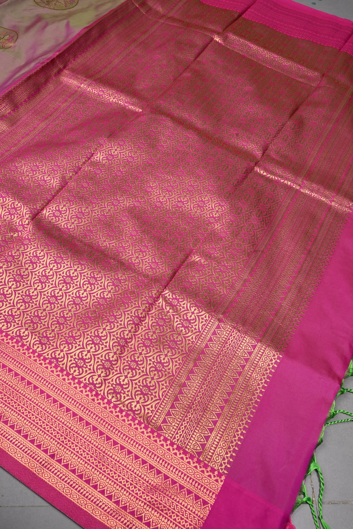 Green-Pink Dual tone Kanchi Semi Silk Saree with Meenakari Mandala Buttas and Contrast Zari Border | SHOBITAM