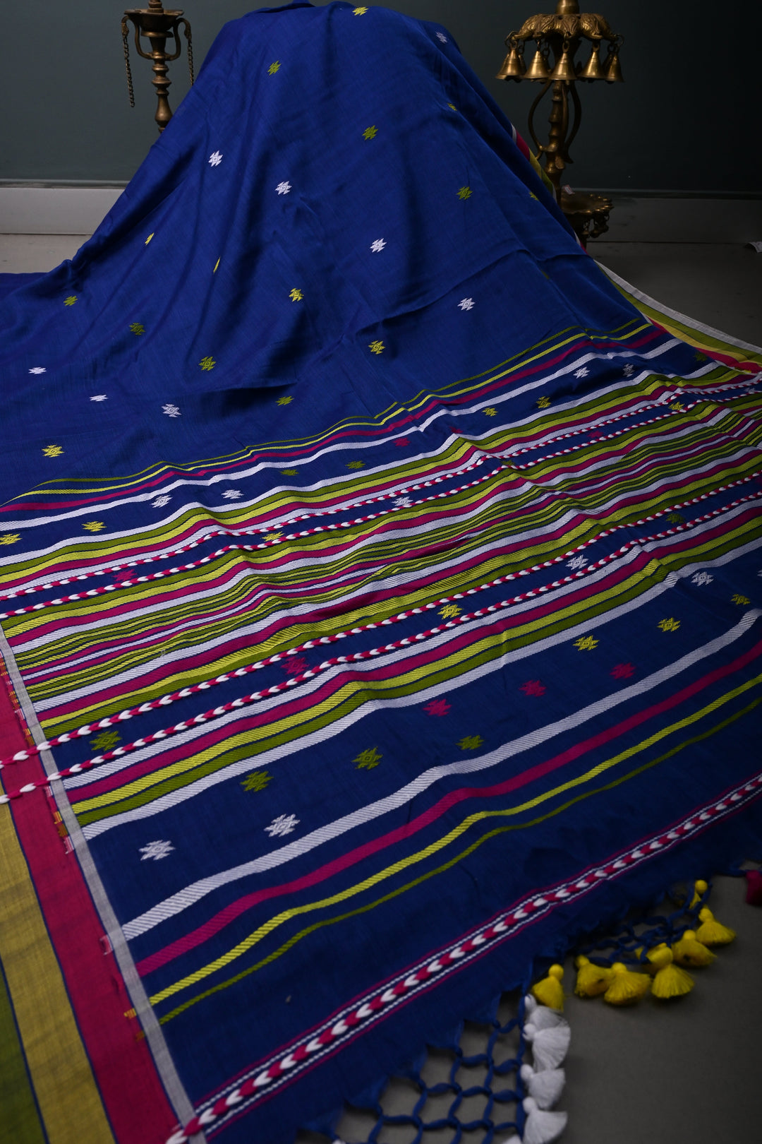 Sapphire Blue Bhujodi Kala Cotton Saree with Colorful Thread Work and Contrast Border | SHOBITAM