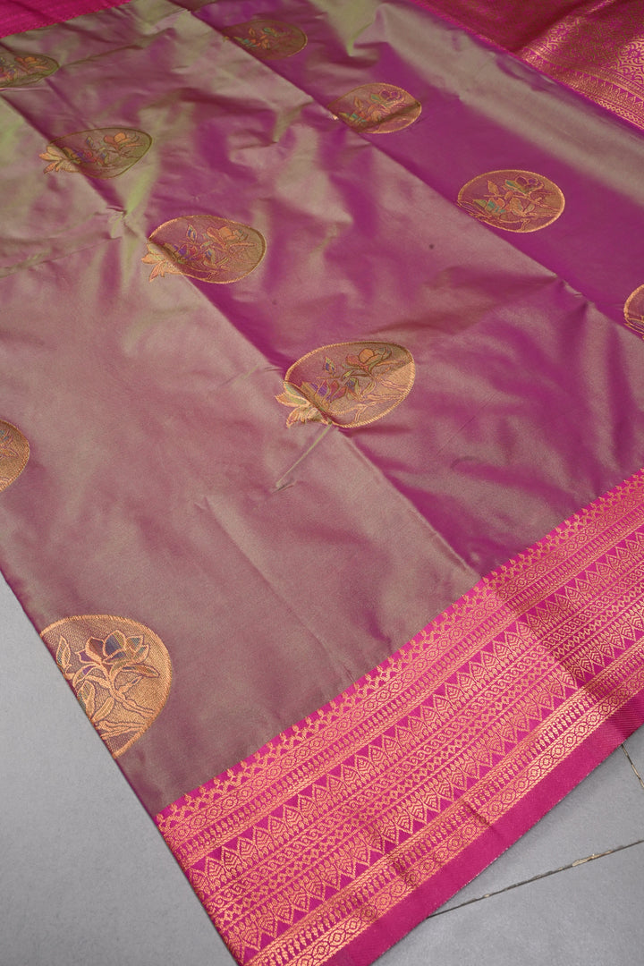 Green-Pink Dual tone Kanchi Semi Silk Saree with Meenakari Mandala Buttas and Contrast Zari Border | SHOBITAM