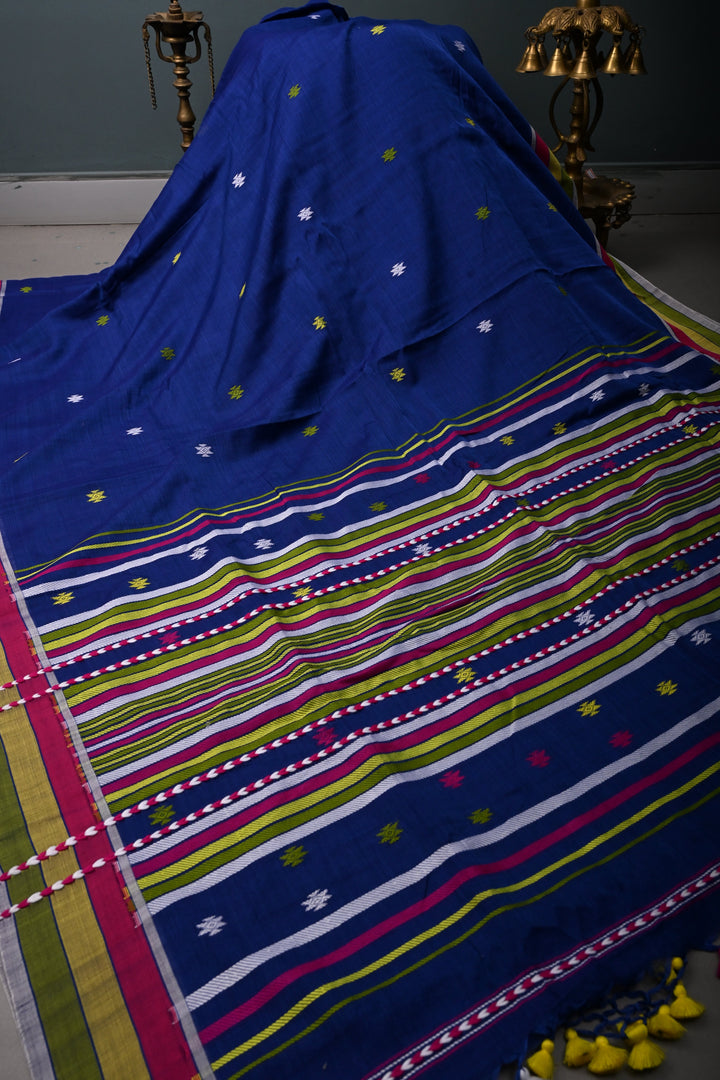 Sapphire Blue Bhujodi Kala Cotton Saree with Colorful Thread Work and Contrast Border | SHOBITAM