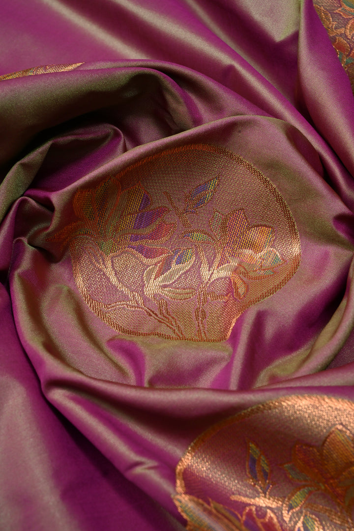 Green-Pink Dual tone Kanchi Semi Silk Saree with Meenakari Mandala Buttas and Contrast Zari Border | SHOBITAM