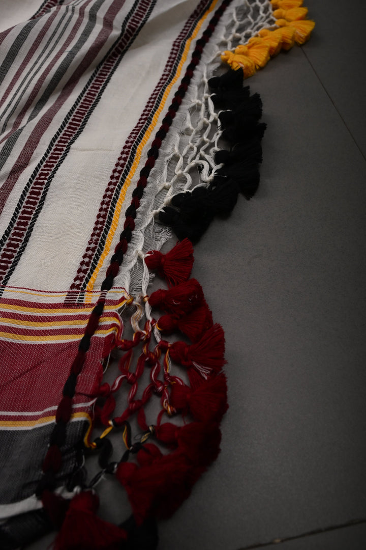 Ivory Bhujodi Kala Cotton Saree with Thread Buttas and Contrast Border | SHOBITAM