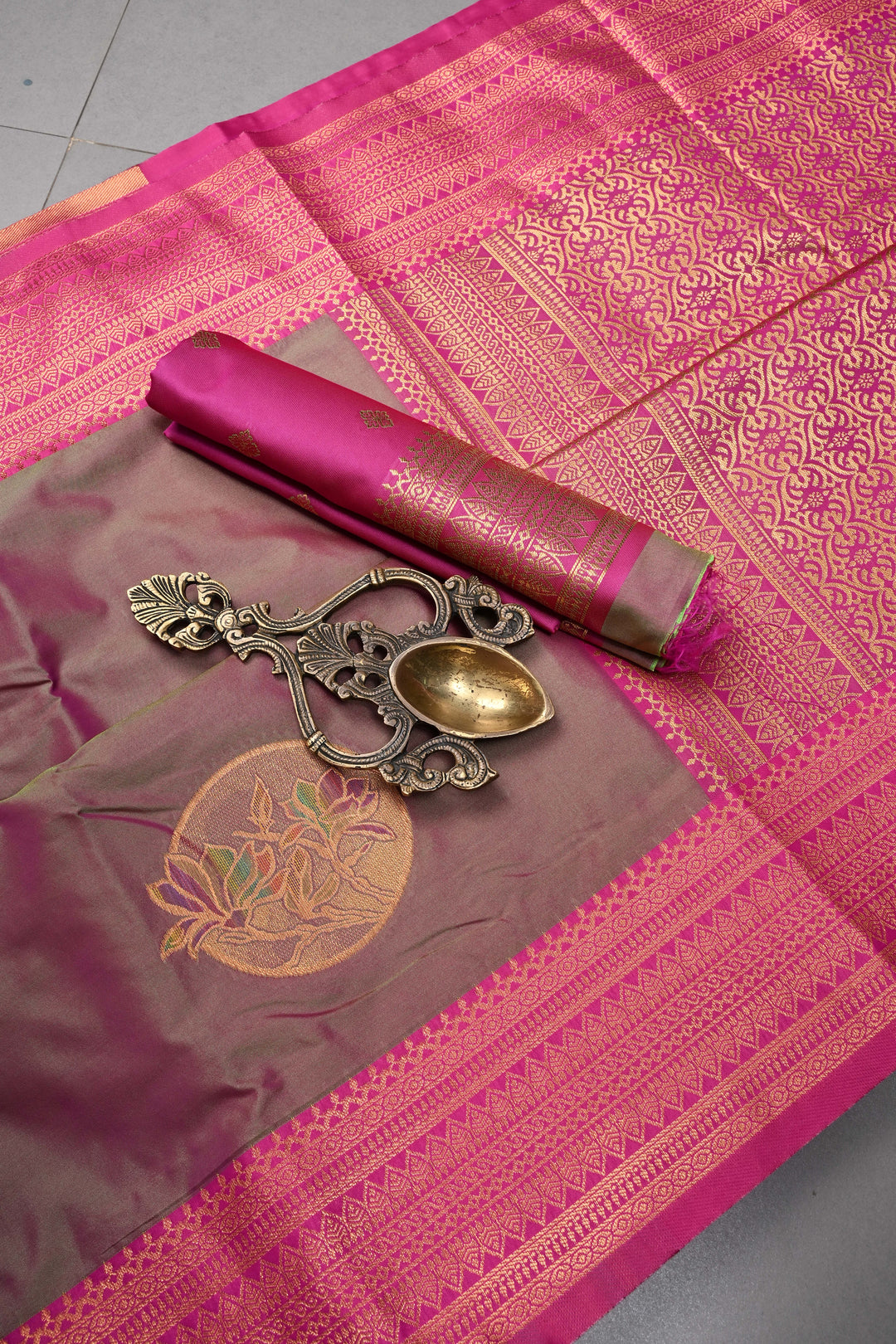 Green-Pink Dual tone Kanchi Semi Silk Saree with Meenakari Mandala Buttas and Contrast Zari Border | SHOBITAM