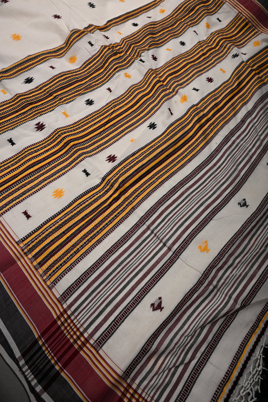 Ivory Bhujodi Kala Cotton Saree with Thread Buttas and Contrast Border | SHOBITAM