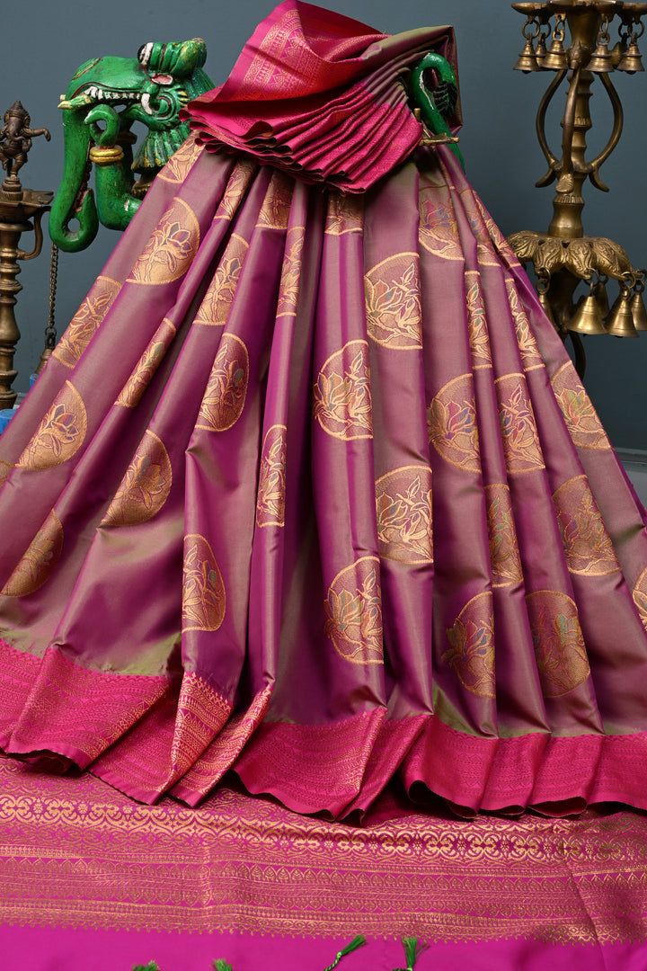 Green-Pink Dual tone Kanchi Semi Silk Saree with Meenakari Mandala Buttas and Contrast Zari Border | SHOBITAM
