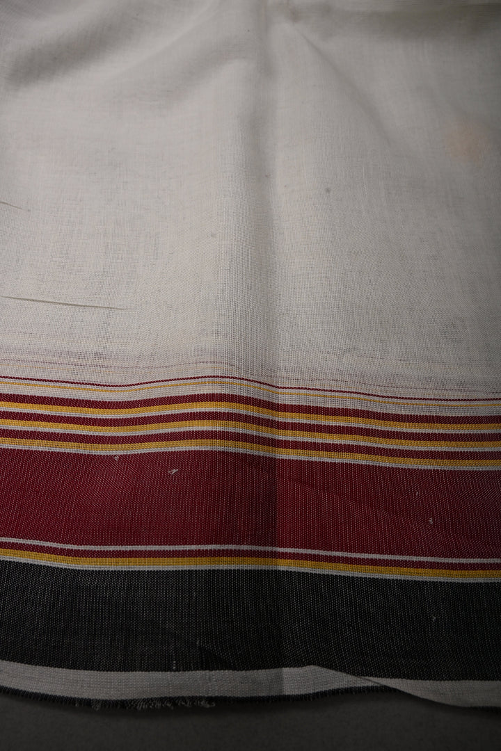 Ivory Bhujodi Kala Cotton Saree with Thread Buttas and Contrast Border | SHOBITAM
