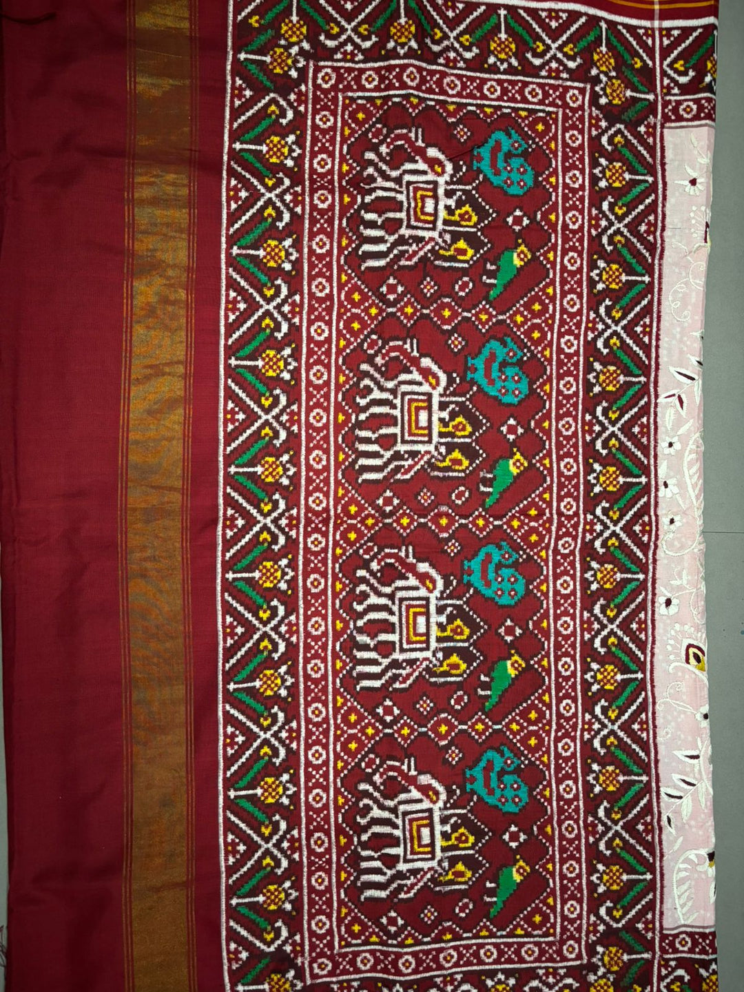 Authentic Double Ikkat Patan Patola Handwoven Saree in Blush Pink with Parsi Gara Hand Embroidery and Patli Pallu | SILK MARK CERTIFIED | SHOBITAM