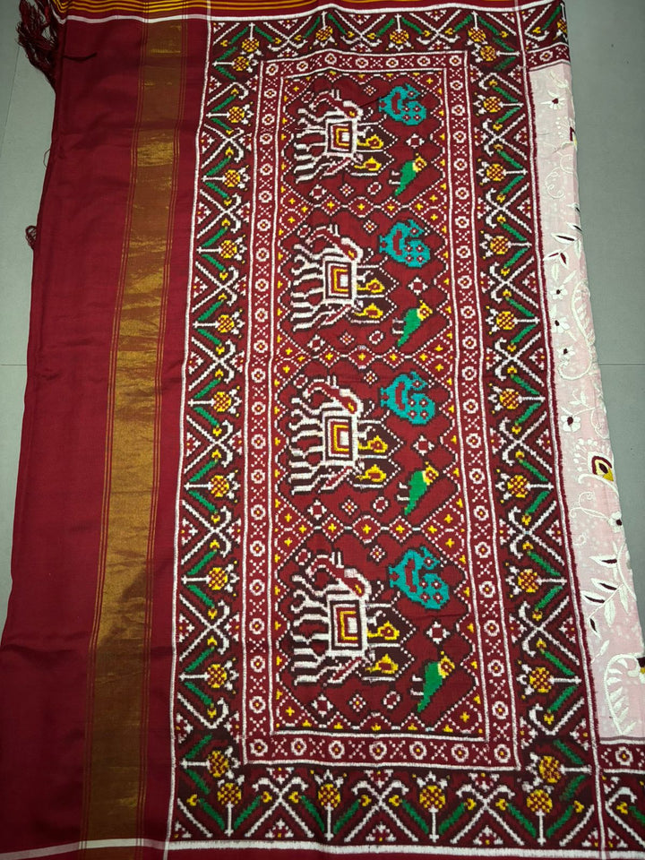 Authentic Double Ikkat Patan Patola Handwoven Saree in Blush Pink with Parsi Gara Hand Embroidery and Patli Pallu | SILK MARK CERTIFIED | SHOBITAM
