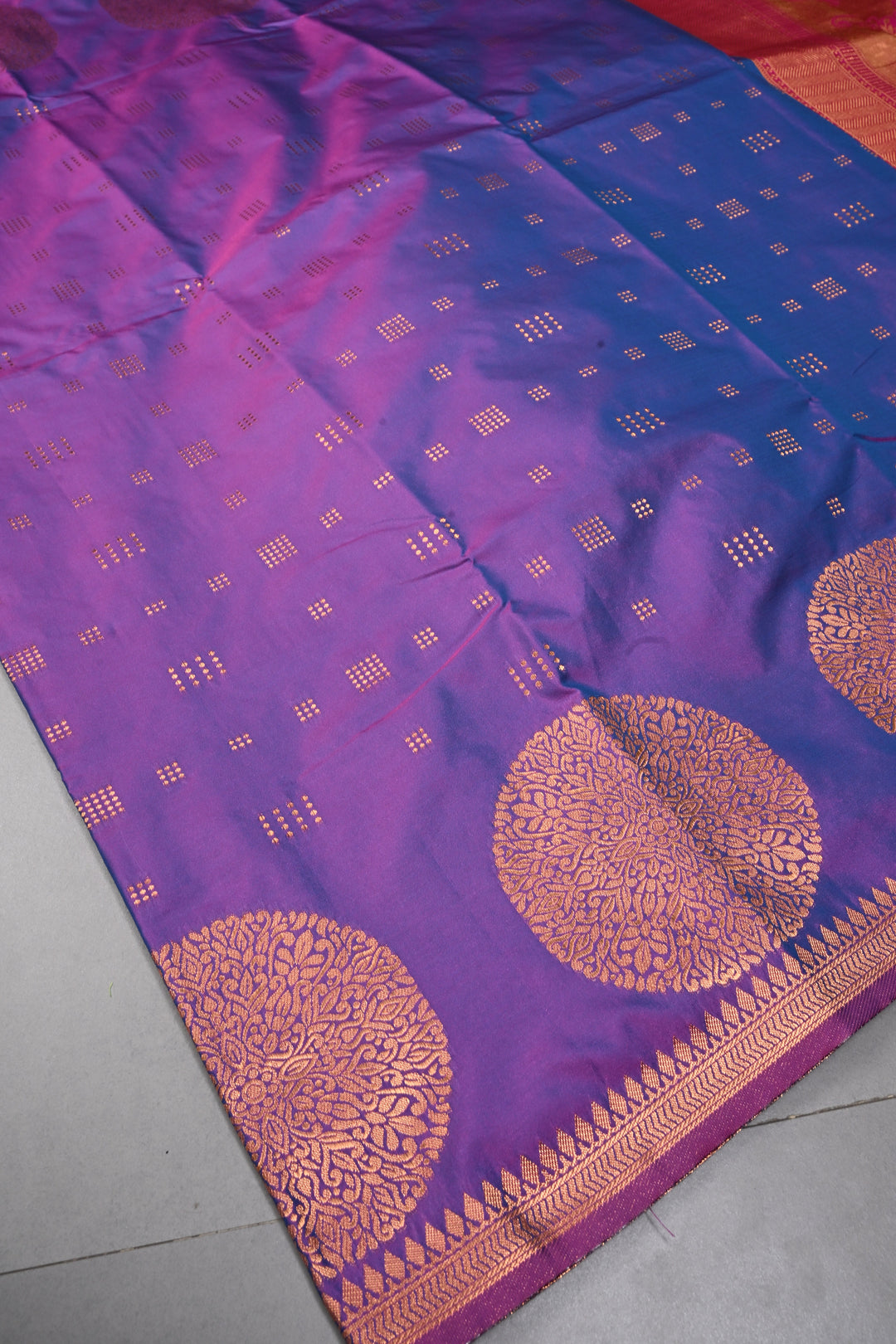 Purple Dual tone Kanchi Semi Silk Saree with Zari Buttas and Mandala Motifs on Zari Border | SHOBITAM