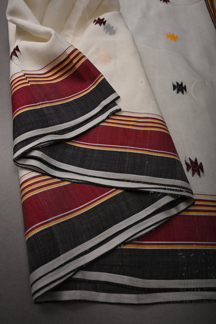 Ivory Bhujodi Kala Cotton Saree with Thread Buttas and Contrast Border | SHOBITAM