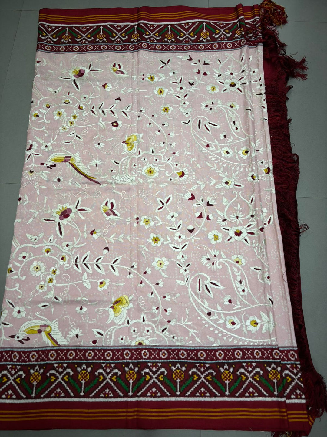 Authentic Double Ikkat Patan Patola Handwoven Saree in Blush Pink with Parsi Gara Hand Embroidery and Patli Pallu | SILK MARK CERTIFIED | SHOBITAM