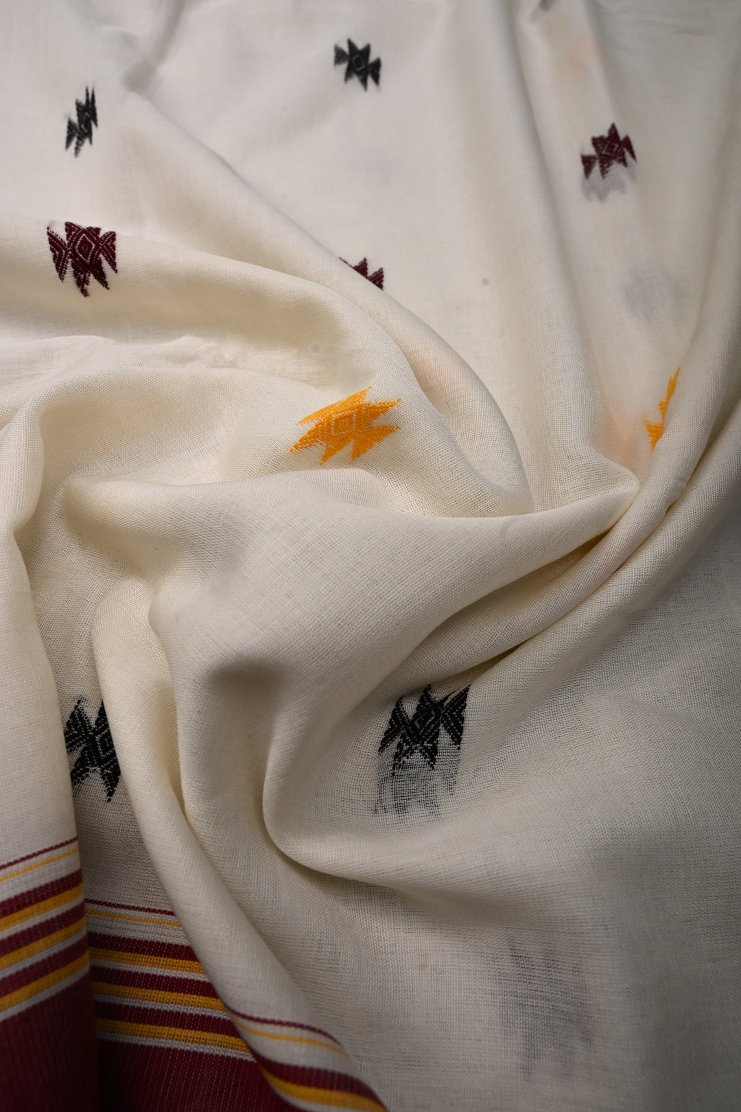 Ivory Bhujodi Kala Cotton Saree with Thread Buttas and Contrast Border | SHOBITAM