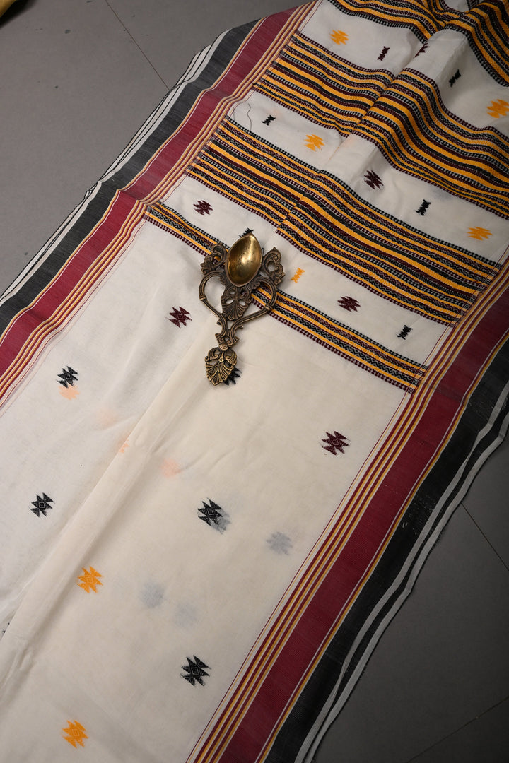 Ivory Bhujodi Kala Cotton Saree with Thread Buttas and Contrast Border | SHOBITAM