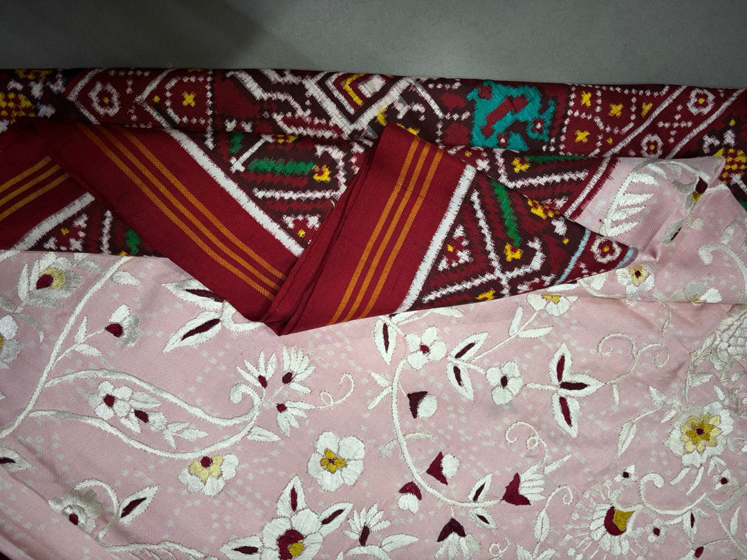 Authentic Double Ikkat Patan Patola Handwoven Saree in Blush Pink with Parsi Gara Hand Embroidery and Patli Pallu | SILK MARK CERTIFIED | SHOBITAM