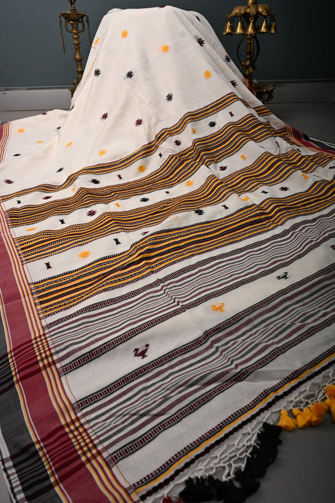 Ivory Bhujodi Kala Cotton Saree with Thread Buttas and Contrast Border | SHOBITAM