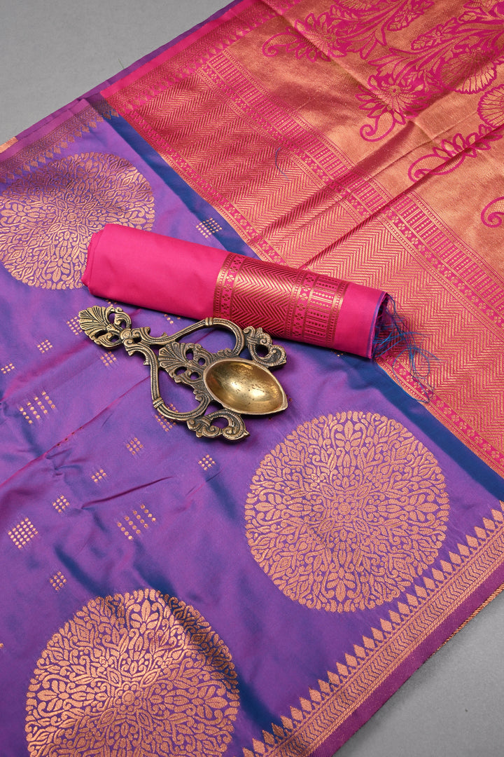 Purple Dual tone Kanchi Semi Silk Saree with Zari Buttas and Mandala Motifs on Zari Border | SHOBITAM
