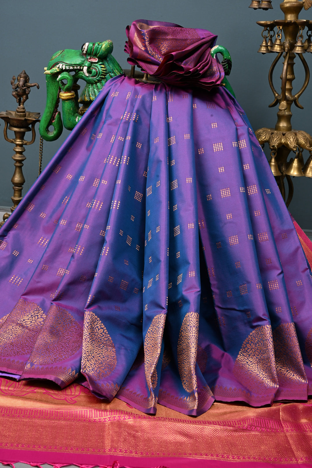 Purple Dual tone Kanchi Semi Silk Saree with Zari Buttas and Mandala Motifs on Zari Border | SHOBITAM