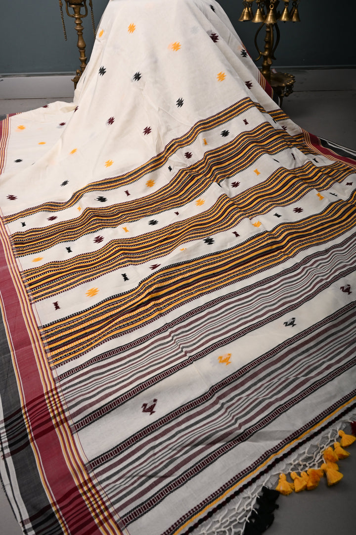 Ivory Bhujodi Kala Cotton Saree with Thread Buttas and Contrast Border | SHOBITAM