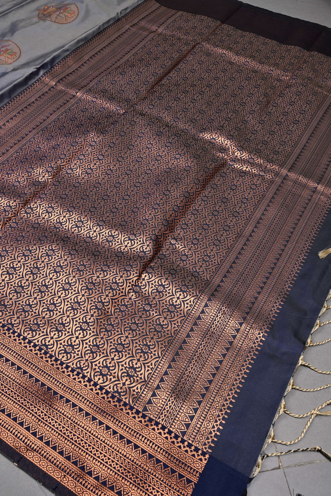 Gray-Blue Dual tone Kanchi Semi Silk Saree with Meenakari Mandala Buttas and Contrast Zari Border | SHOBITAM