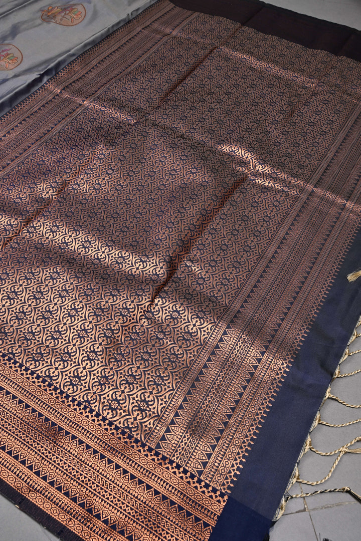 Gray-Blue Dual tone Kanchi Semi Silk Saree with Meenakari Mandala Buttas and Contrast Zari Border | SHOBITAM
