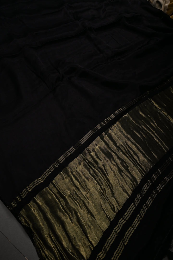 Black Borderless Modal Silk Saree with Lagda Patta Crushed Pallu | SHOBITAM
