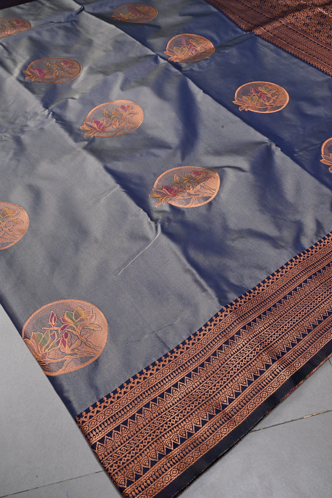 Gray-Blue Dual tone Kanchi Semi Silk Saree with Meenakari Mandala Buttas and Contrast Zari Border | SHOBITAM