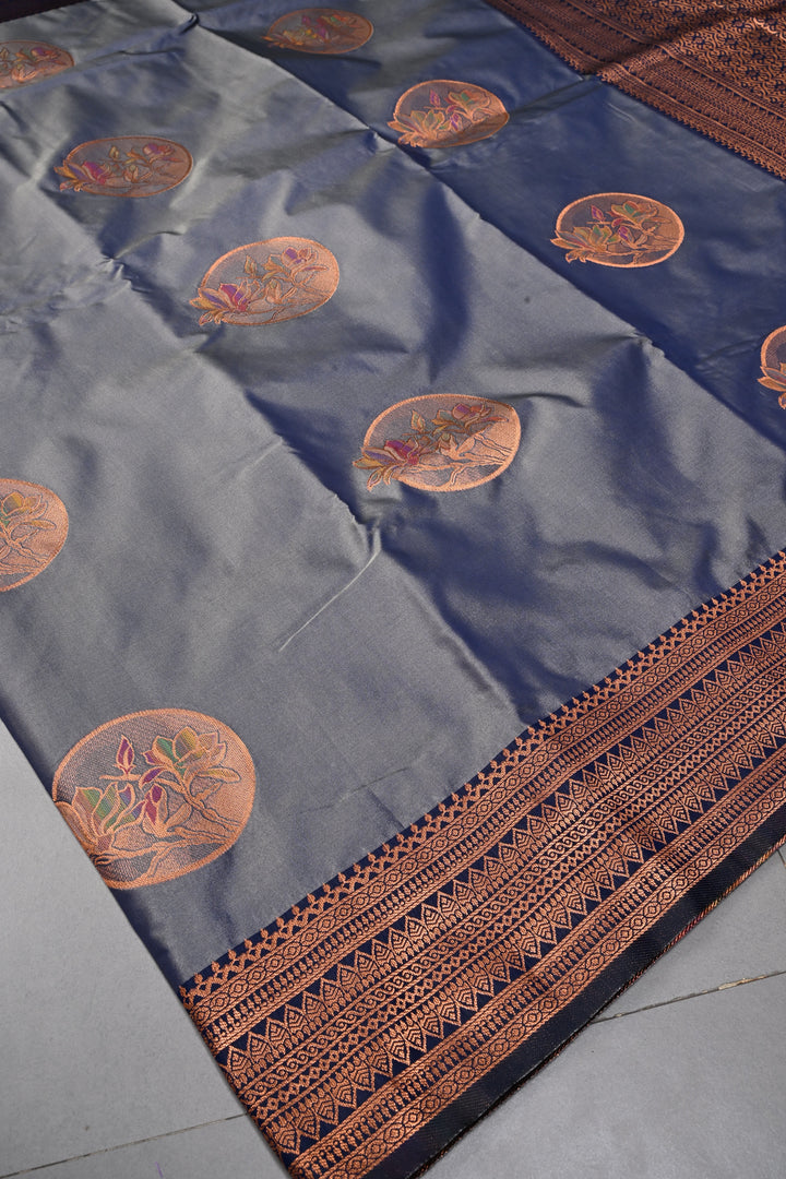 Gray-Blue Dual tone Kanchi Semi Silk Saree with Meenakari Mandala Buttas and Contrast Zari Border | SHOBITAM