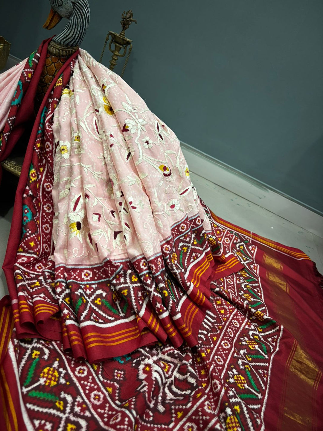 Authentic Double Ikkat Patan Patola Handwoven Saree in Blush Pink with Parsi Gara Hand Embroidery and Patli Pallu | SILK MARK CERTIFIED | SHOBITAM