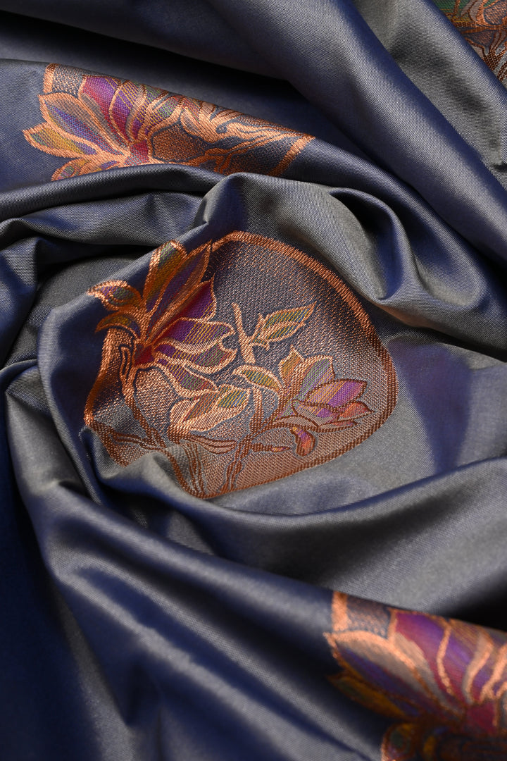 Gray-Blue Dual tone Kanchi Semi Silk Saree with Meenakari Mandala Buttas and Contrast Zari Border | SHOBITAM