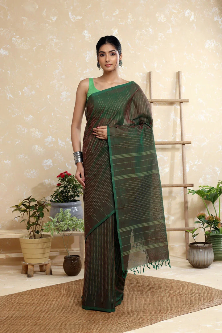 Handloom Dark Green Pure Cotton Kanchi Saree with Beige Stripes | SHOBITAM