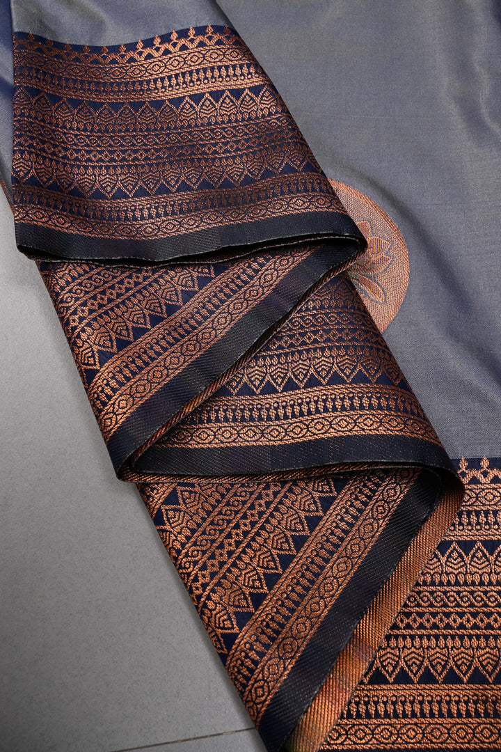 Gray-Blue Dual tone Kanchi Semi Silk Saree with Meenakari Mandala Buttas and Contrast Zari Border | SHOBITAM