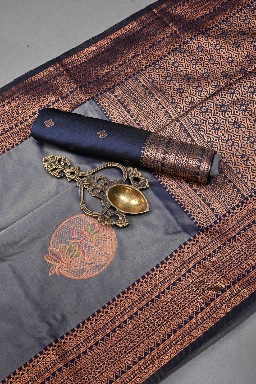 Gray-Blue Dual tone Kanchi Semi Silk Saree with Meenakari Mandala Buttas and Contrast Zari Border | SHOBITAM